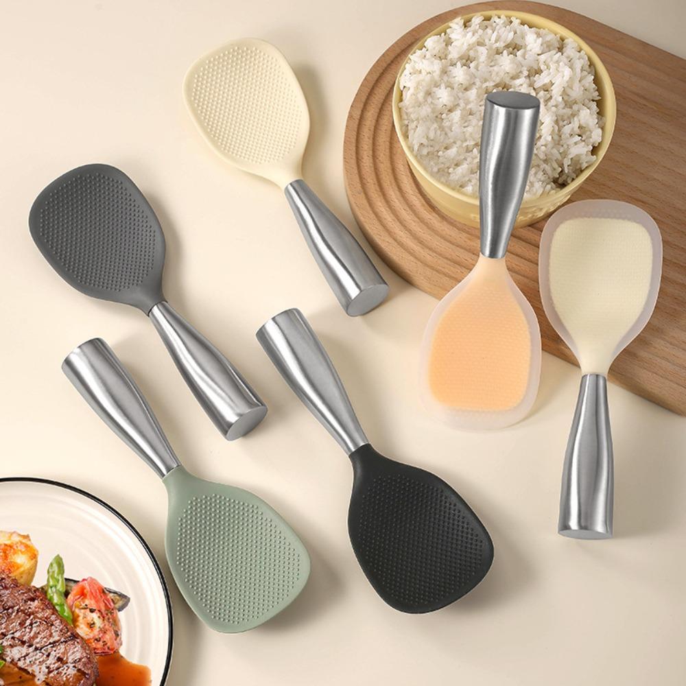 Stainless Steel Handle Silicone Rice Spoon Anti Scalding Serving Spoons Rice Paddle  Cooking