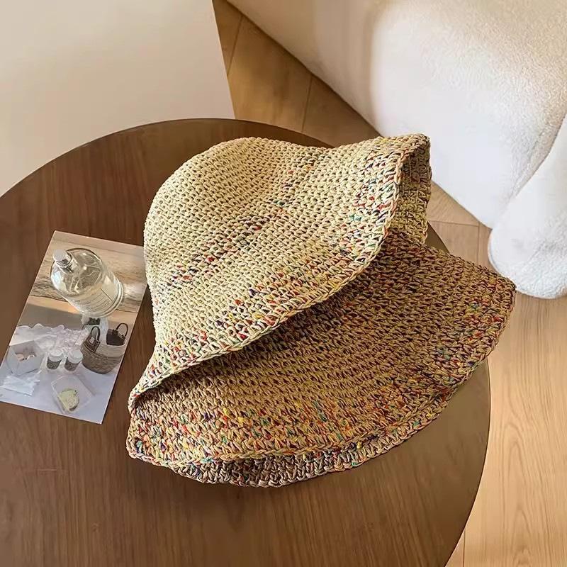 Straw Hat Women's Summer Hollow Sunscreen Visor Breathable Beach Hat Seaside Vacation Wind Wide Brim Woven Bucket Hat