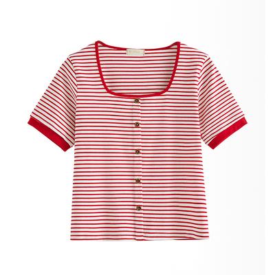 Fashionable Striped T-shirt for Women's Neck Short-sleeved Summer New Contrast Button Versatile Top