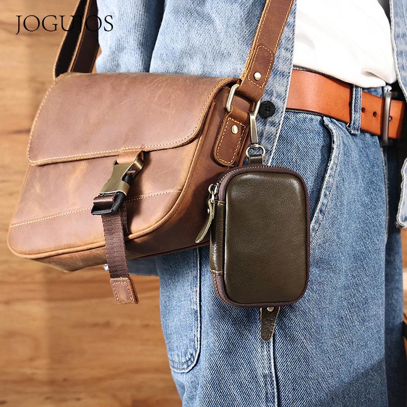 JOGUJOS leather key bag large capacity multi-function hanging fanny pack change bag vegetable tanned leather retro key bag