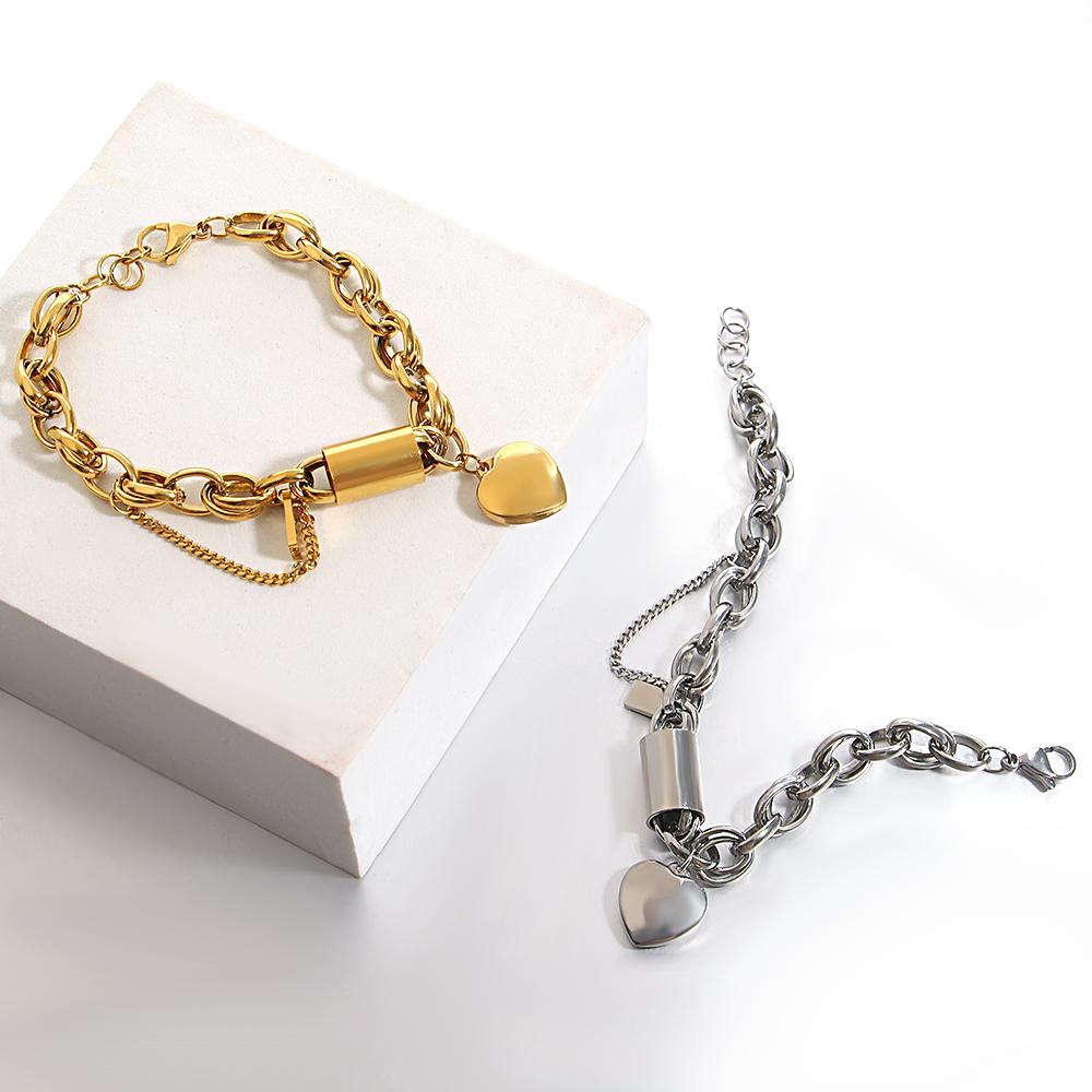 DZ Gold Color Thick Chain Stainless Steel Bracelets for Women Fashion Design Heart Love Pendant Wrist Zircon