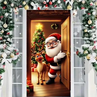 Cartoon Santa Claus Elk Open Door Linings For Christmas Doors Welcome Home Door Cover Indoor Outdoor Porch Banner Party Supplies