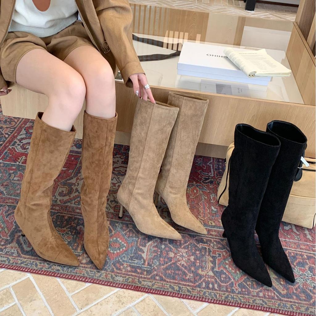 European and American style fashion pointed high boots simple temperament solid color straight boots 2025 new versatile high heels boots women
