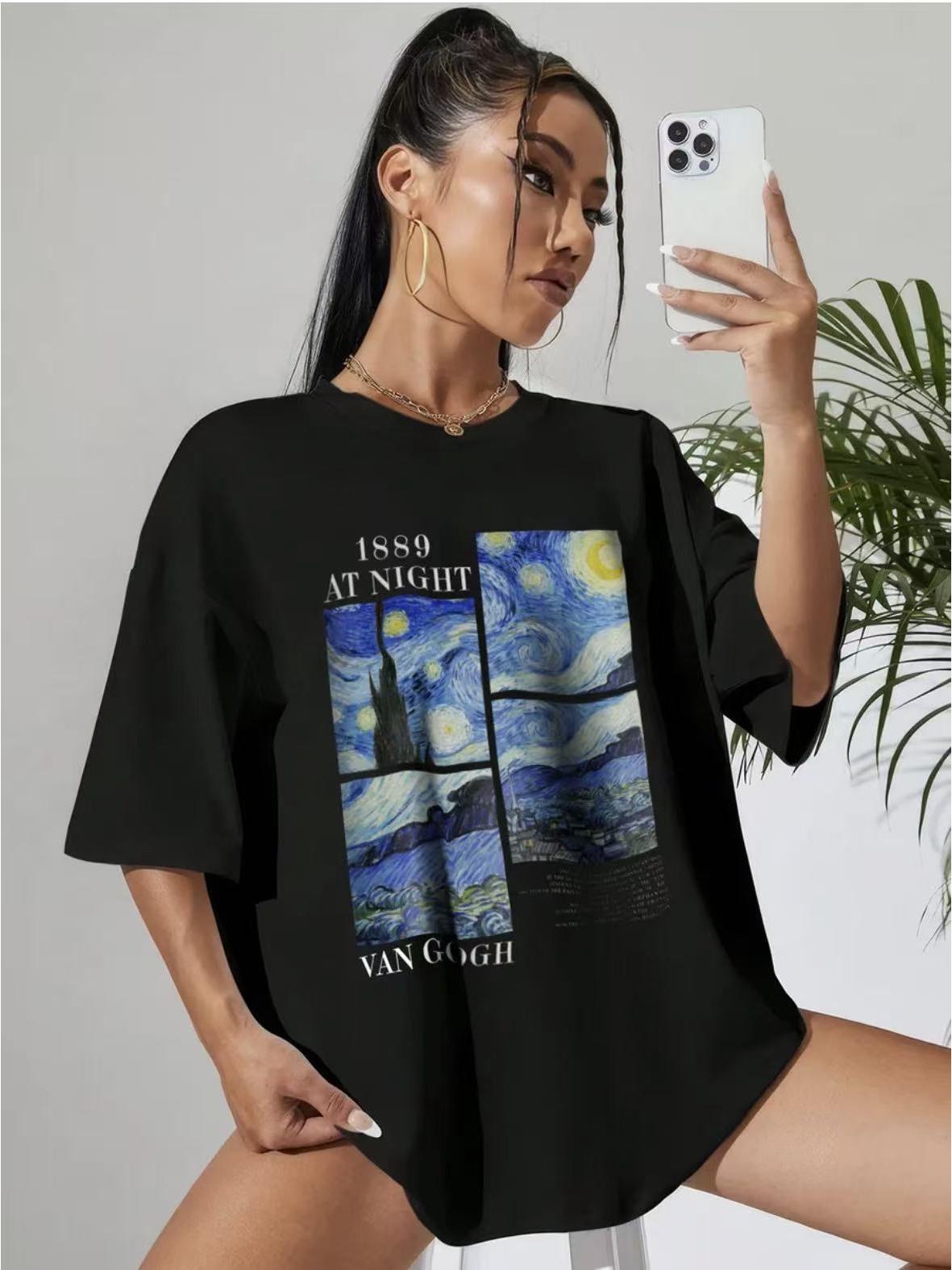 

Stylish Women s Starry Sky Print Cotton T-shirt - Casual Round Neck Short Sleeve with 1889 Letter Design L чёрный