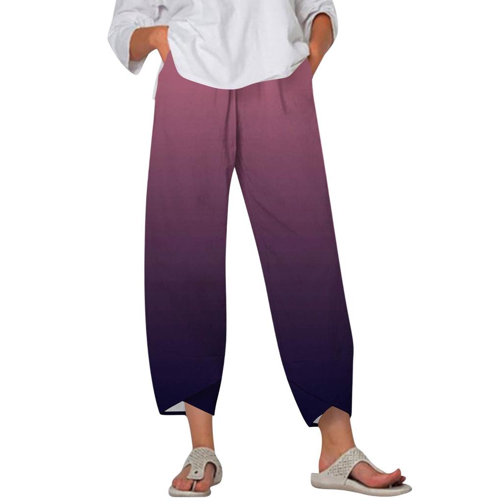 Pants For Women Summer Casual Wide Leg Elastic Waist Print Pants With Pockets