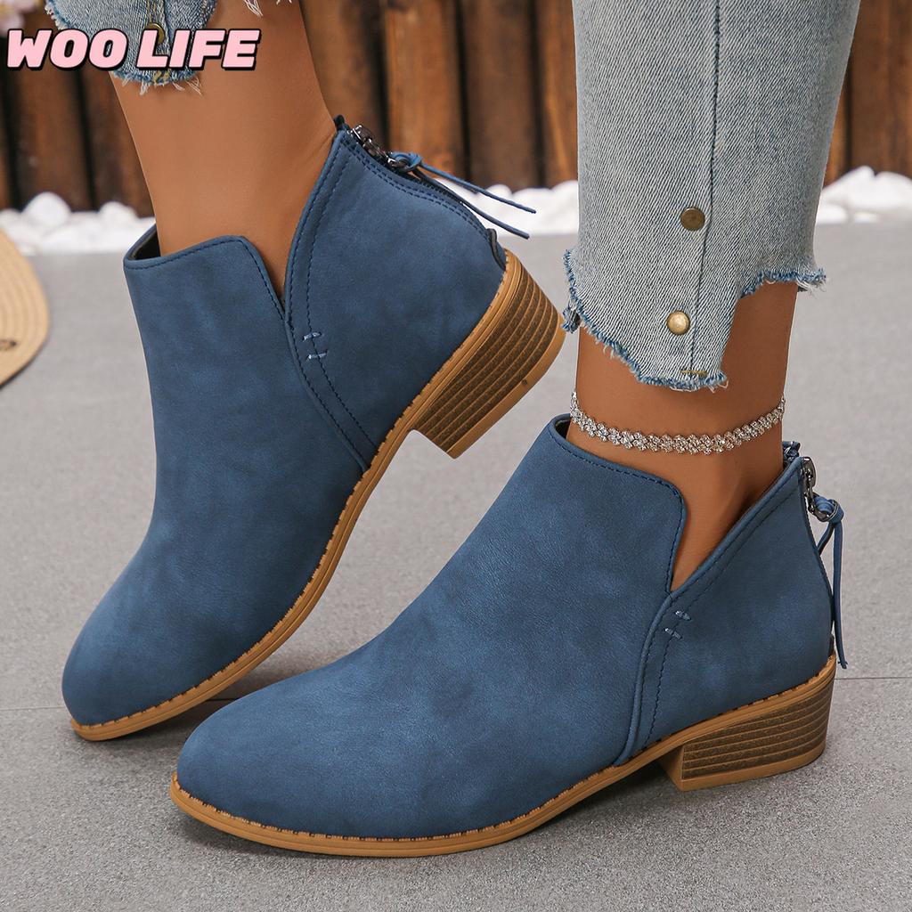 Pointed Rear Zipper Short-tube Martin Boots Women's Plus Size Leather Boots Solid Color Thin Thick-heeled Leather Ankle Boots