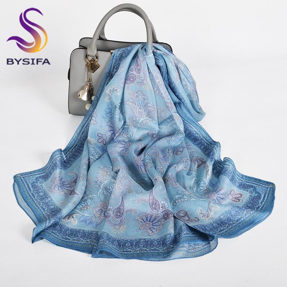 [BYSIFA] Blue Green 100% Mulberry Silk Scarf Wrap Winter Flower Design Chiffon Long Scarves Shawls Ladies Beach Shawl Echarpes