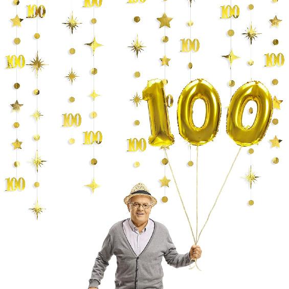 Gold 100th Birthday Decorations Number 100 Circle Dot Twinkle Star Garland Hanging Streamer Bunting Banner Backdrop for Women Mens 100th Anniversary