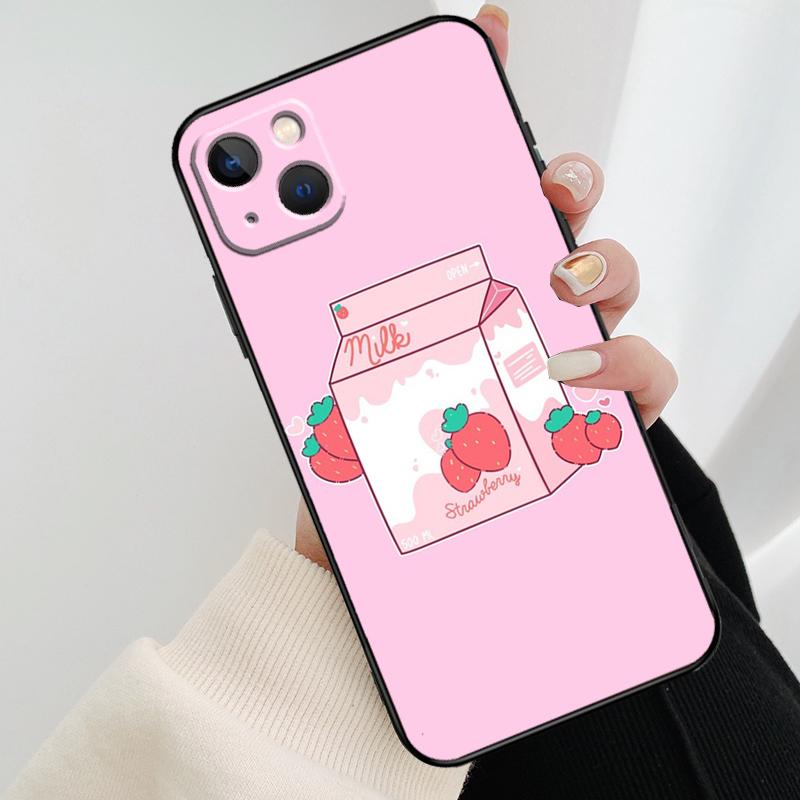 Kawaii Strawberry Milk Phone Case For iPhone 17 Pro Max 16 15 14 11 12 13 Pro Max mini 15 16 Plus 16e 17 Air Cover