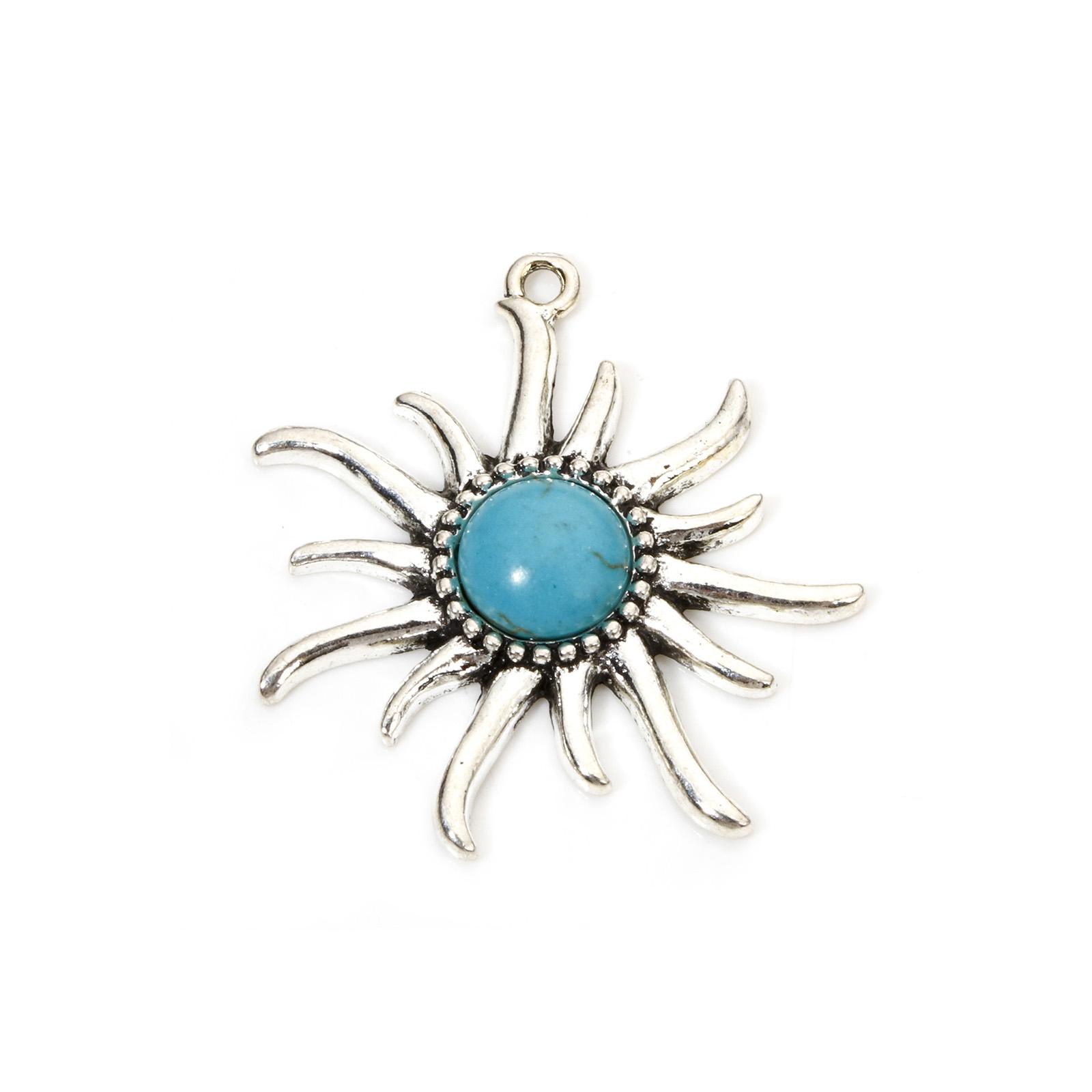 

5 PCs Zinc Based Alloy Bohemia Pendants Antique Silver Color Sun with Blue Stone Charms For DIY Jewelry Making 3.9cm x 3.7cm античний срібного кольору