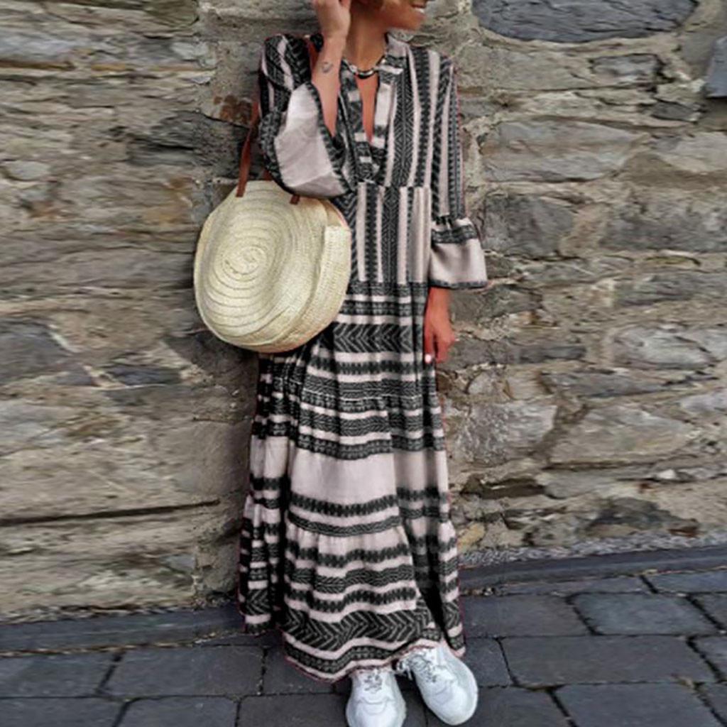 Fashion Women Summer Printed V Neck  Long Dresses Bohemian Dresses