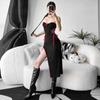 AltGoth Gothic Dark Midi Dress Dámské Vintage Fairycore Grunge Punk Y2k Hotsweet Pásek na špagety Dutý korzet Bodycon šaty