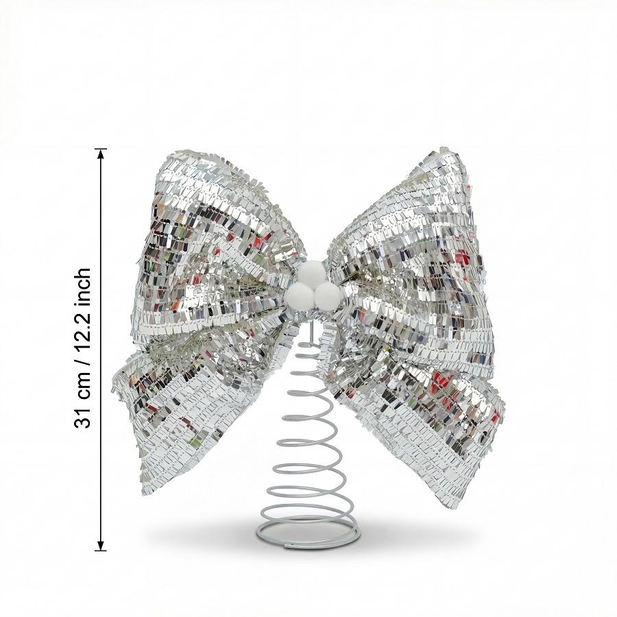 Large Shiny Sequin Bow Christmas Tree Topper with Spring Base