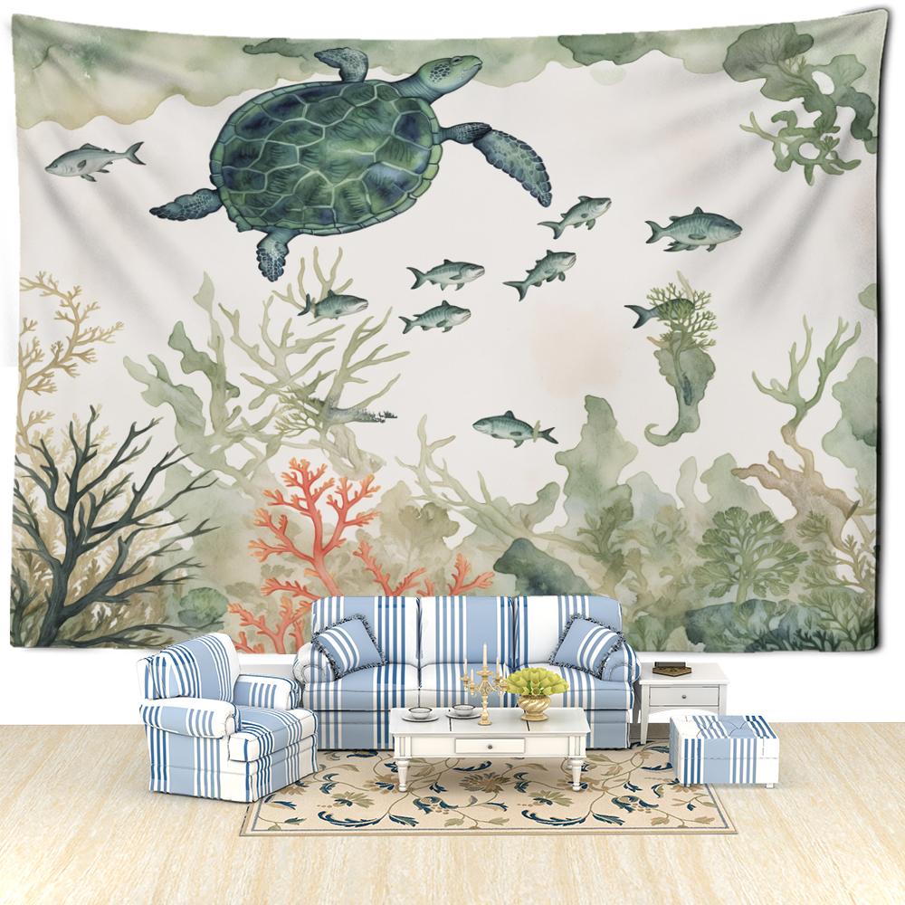Grüne Schildkröte Kleiner Fisch Seetang Wandteppich Wandbehang Natürliche Kunst Landschaft Böhmisch Schlafsaal Schlafzimmer Heimdekoration