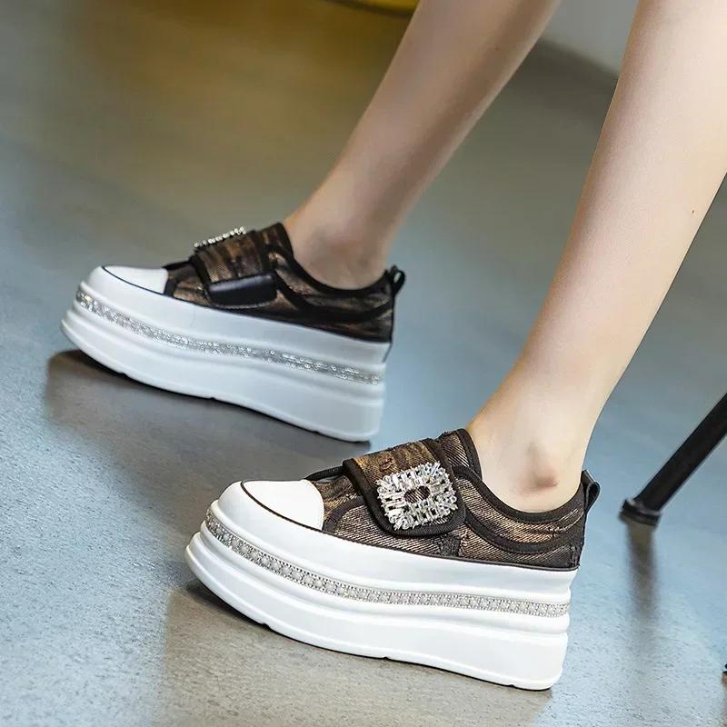 Fashion 6CM Denim Diamond Platform Wedge Genuine Leather Casual Spring Summer Autumn Comfy High Brand Chunky Sneakers Hidden Heels Shoes