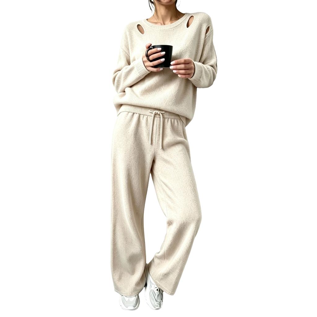 Women's Cutout Off-the-Shoulder Long Sleeve Knit Two-Piece Set for Casual Wear