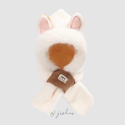 Hat and Scarf Integrated Women's Winter Versatile Cute Plush Hat Korean Version Fire Fox Ears Thickened Windproof Hooded Tide