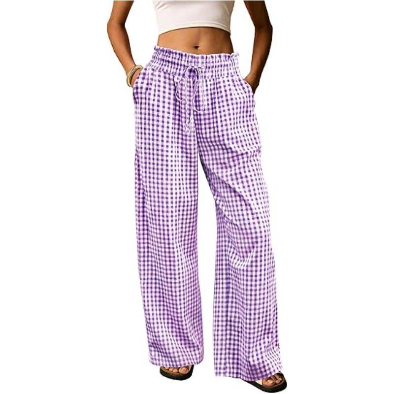 European Plaid Women's Wide-Leg Elastic High-Waist Pajama Pants with Drawstring