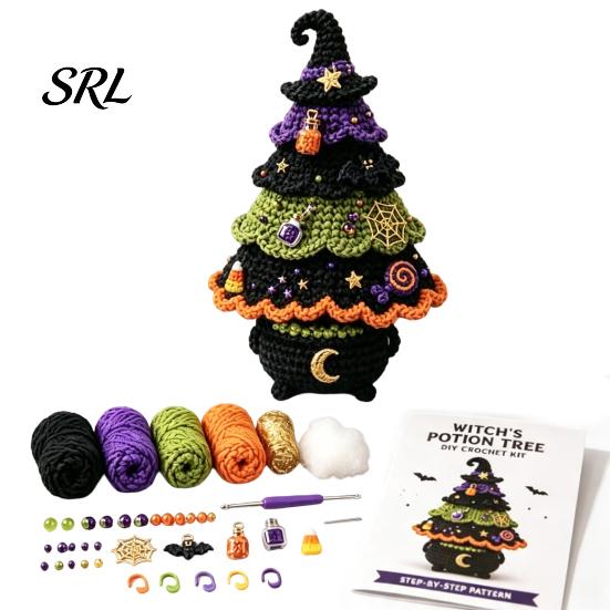 DIY Holiday Tree Materials Halloween Crochet Kit, Black Cat Pumpkin Witch Creative Gift for Crafters Hat Ghost Crafting Kit Home Decor, Handmade Craft