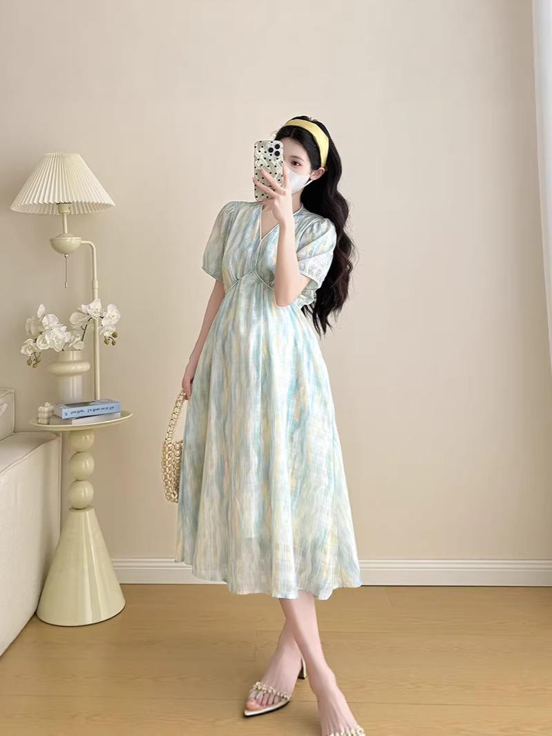 2026 Chic Tie-Dye Maternity Summer Dress with French V-Neck 2XL (Recommended for 145-165 lbs)