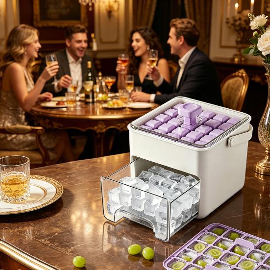 Large Capacity Ice Cube Maker with Storage Bin Shovel 50 Cube Ice Container BPA-Free Easy-Press Ice Cube Tray for Home Camping Party