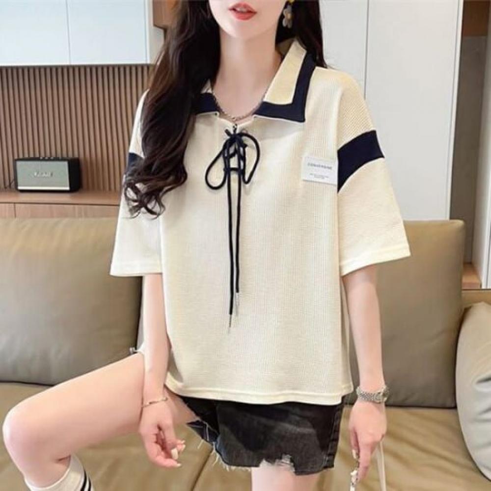 Navava Women Bicolor Lace Up Collar ShorT Sleeve T shirT nT2490