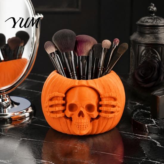 Decorative Pen Holder for Office Halloween Skull Pumpkin Holder, Gothic Pencil Cup, Spooky Autumn Desktop Decor Accessories Desk Organizer Party Home