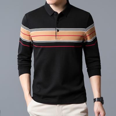 Langarm-Revers-T-Shirt für Herren im Frühling und Herbst, Herren-T-Shirt aus 100 % Baumwolle, Mantel, Herbstkleidung, Innenfutter aus dünnem, gestreiftem Unterhemd