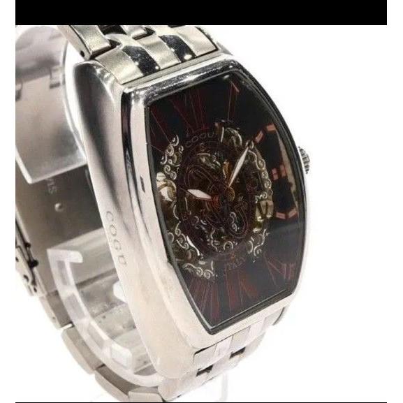 Used COGU Men's Watch Automatic AT Rectangular Back Slot 3 Hands Silver SS Genuine Belt Skeleton Character Limited Edition