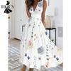 Abiti casual a vita alta con scollo a V senza maniche con stampa floreale primaverile alla moda da donna