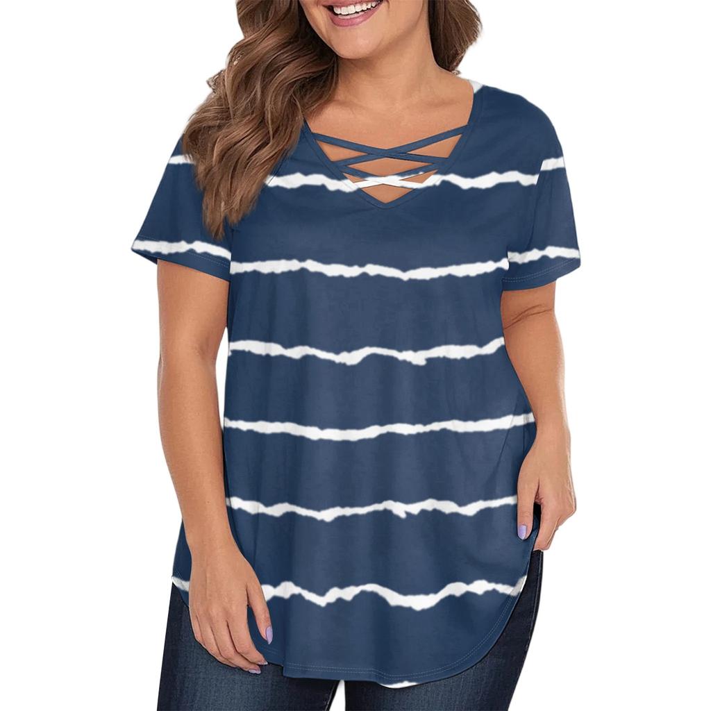 Women's Fashion Casual Printed V-Neck Short Sleeve Large Size T-Shirt Top