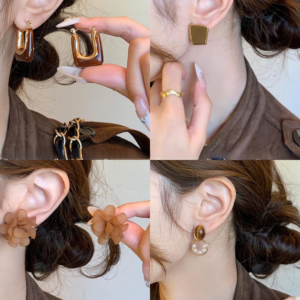 Silver Needle Retro Resin Geometric Round Oval Pendant Earrings Maillard Style Stud Earrings Niche Design Earrings Women