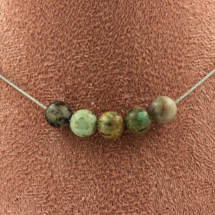 Pierres et Minéraux. Collier 5 perles Turquoise du Pérou 8 mm Chaine en acier inoxydable Collier femmes, hommes. Taille personnalis