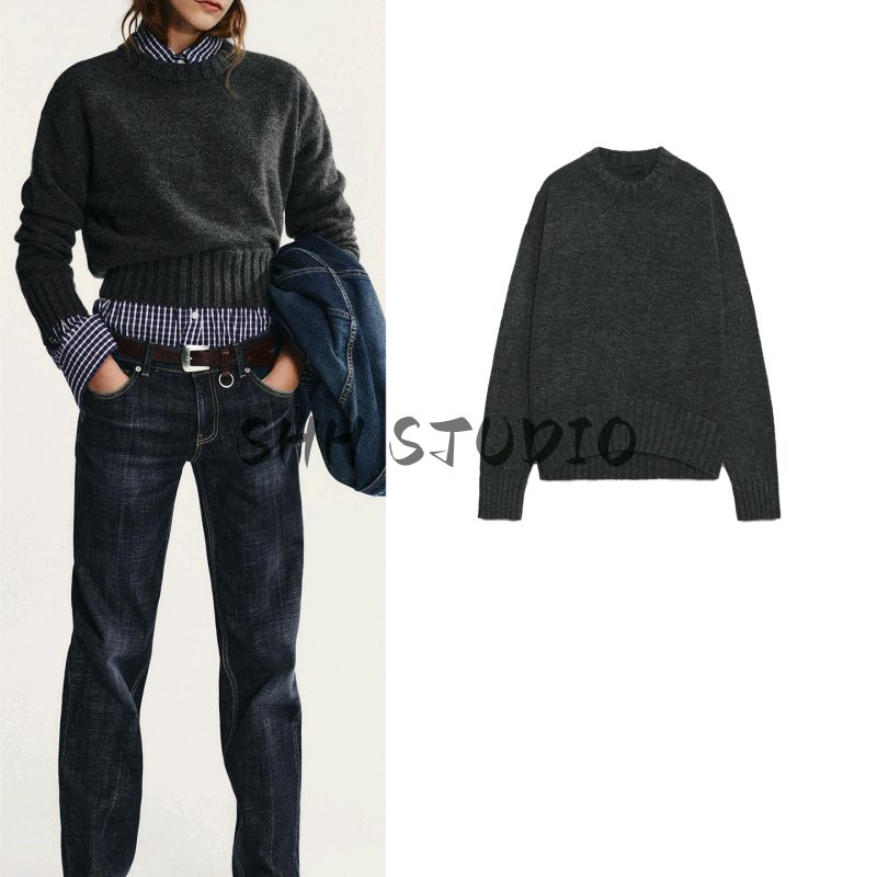 Autumn New Women's Clothing Asymmetric Hem Loose and Simple Rib round-Neck Long Sleeves Knitwear 6771155