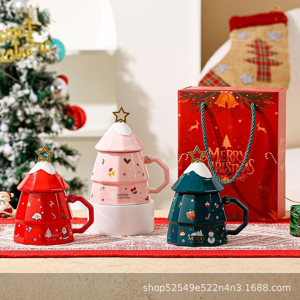 Cute Christmas Tree Santa Claus Ceramic Mug with Lid and Spoon Coffee Milk Tea Juice Cup Birthday Gift for Friend Drinkware New