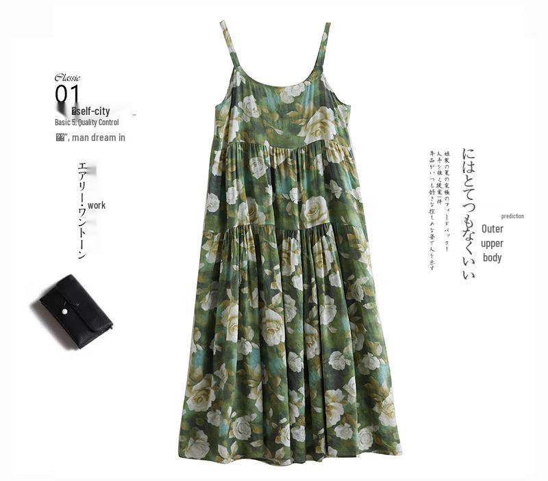 2025 Summer Cotton Linen Patchwork Long Dress with Large Hem and Slimming Fit