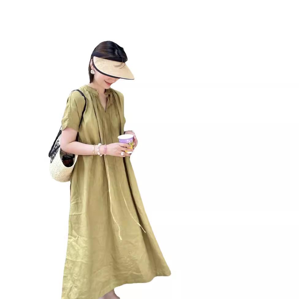 Women's French Linen Pleated Smock Dress