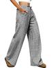 2026 Women's European & American Plaid Trousers - Spring/Summer Casual, Loose Fit, Elastic Waist, Wide Leg with Pockets