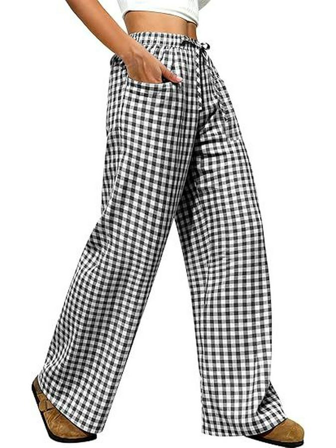 2026 Women's European & American Plaid Trousers - Spring/Summer Casual, Loose Fit, Elastic Waist, Wide Leg with Pockets