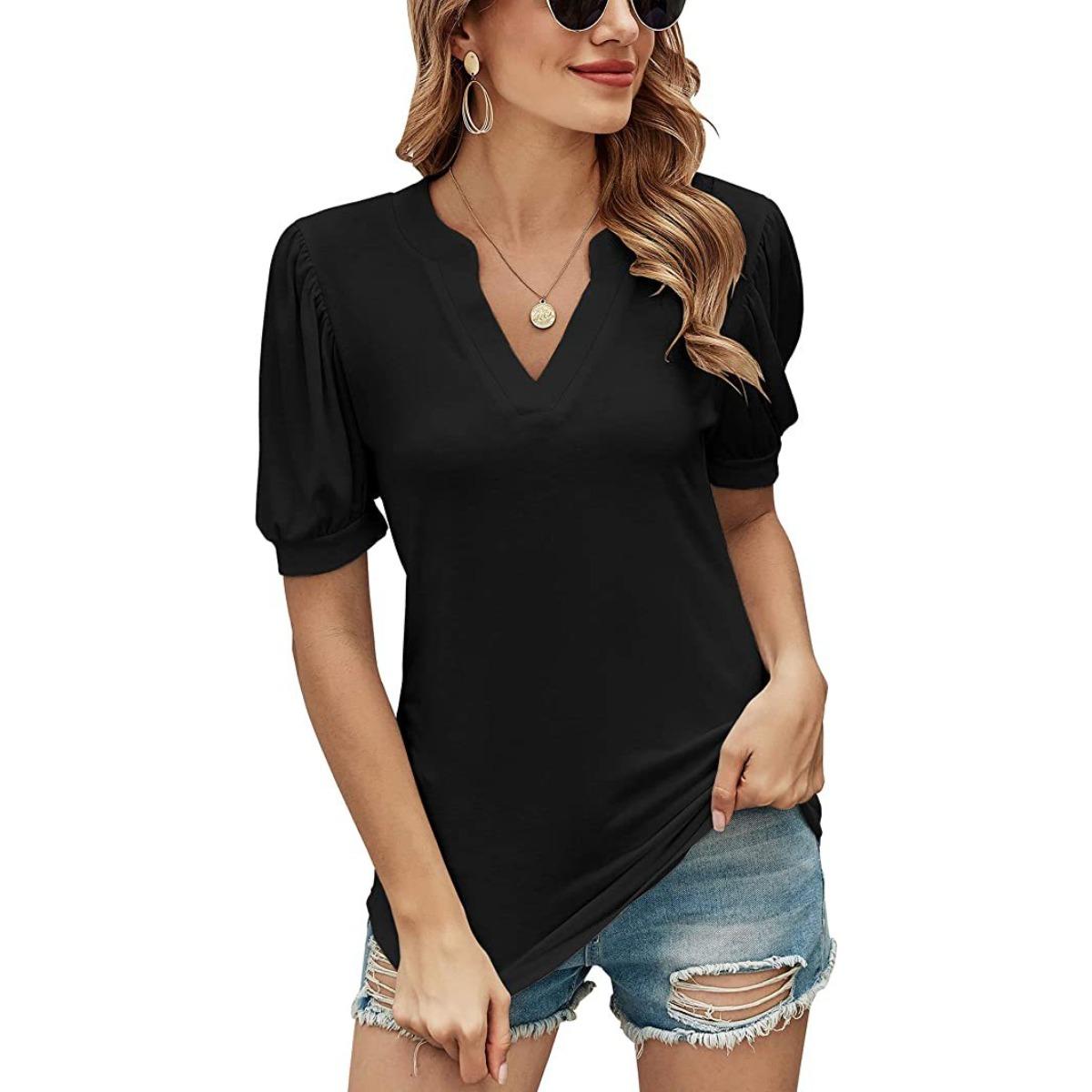 Summer Women s Casual V-Neck Solid Color Puff Sleeve Loose T-Shirt Top for Women European & American Crossborder Apparel S чёрный