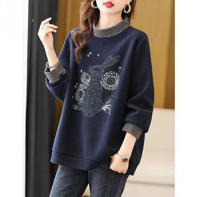 Trendy Geborduurde Losse Dames Sweatshirt Herfst Lange Mouw Slim Fit Hoge Hals Mode Top