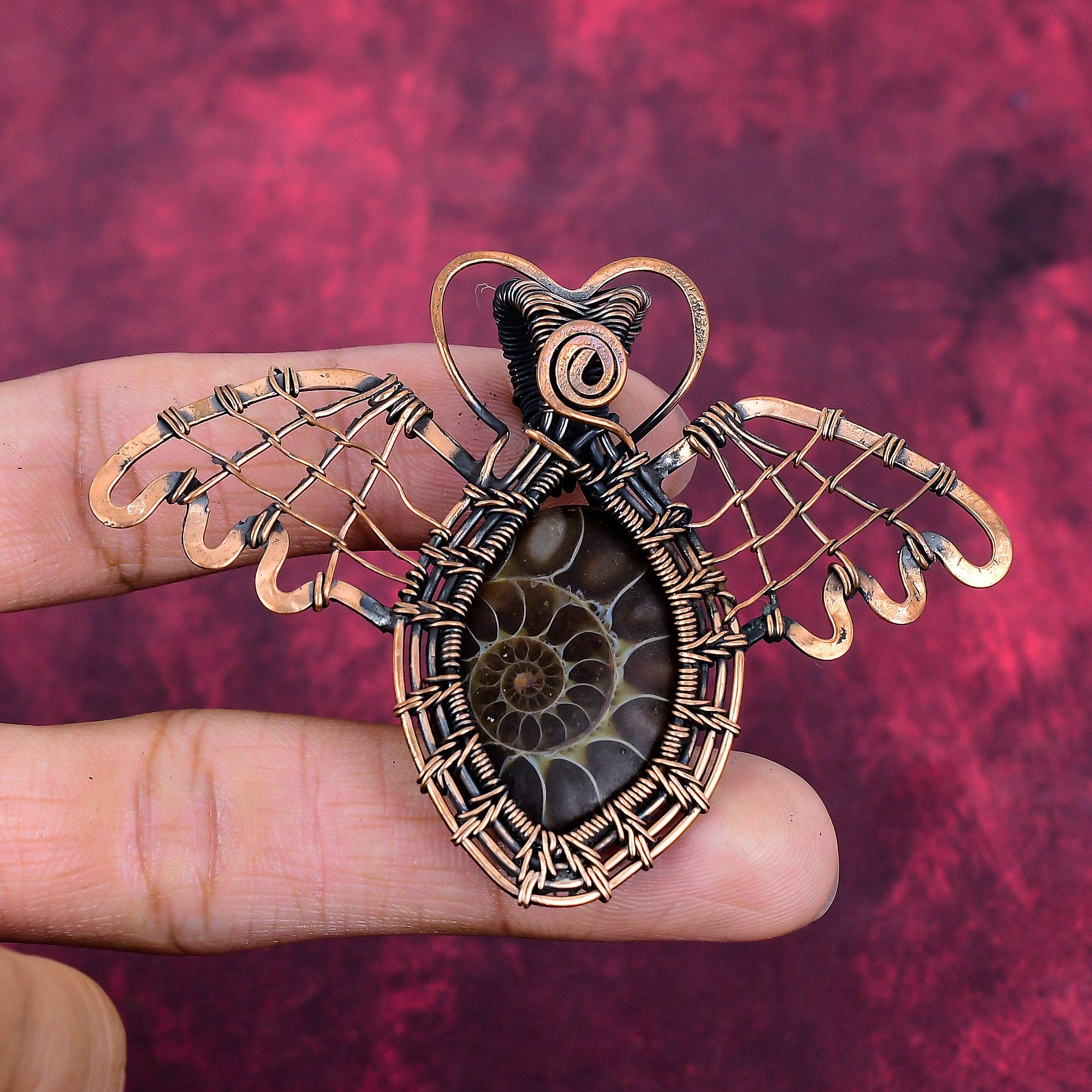

Ammonite Fossil Pendant Copper Wire Wrapped Butterfly Pendant Gemstone Jewelry