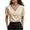 Women Stain Tops Short Sleeve Blouse V Neck Shirts Business Casual Outfits