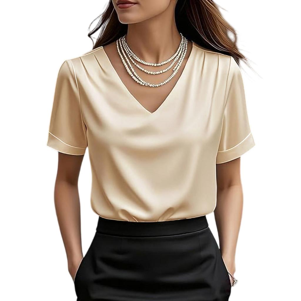 Women Stain Tops Short Sleeve Blouse V Neck Shirts Business Casual Outfits