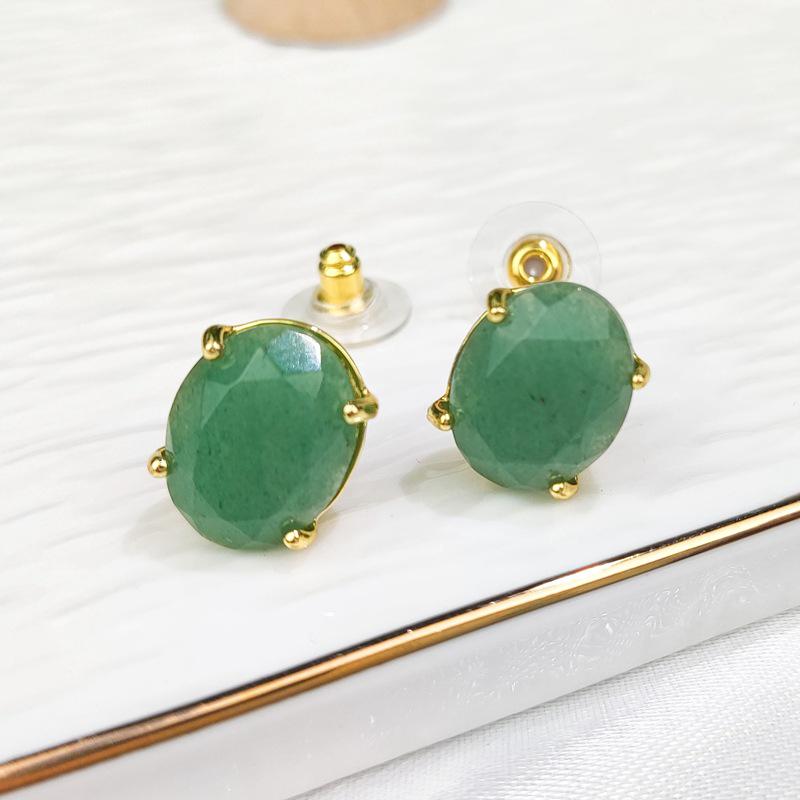Natural Green Aventurine Oval Faceted Crystal Stud Earrings
