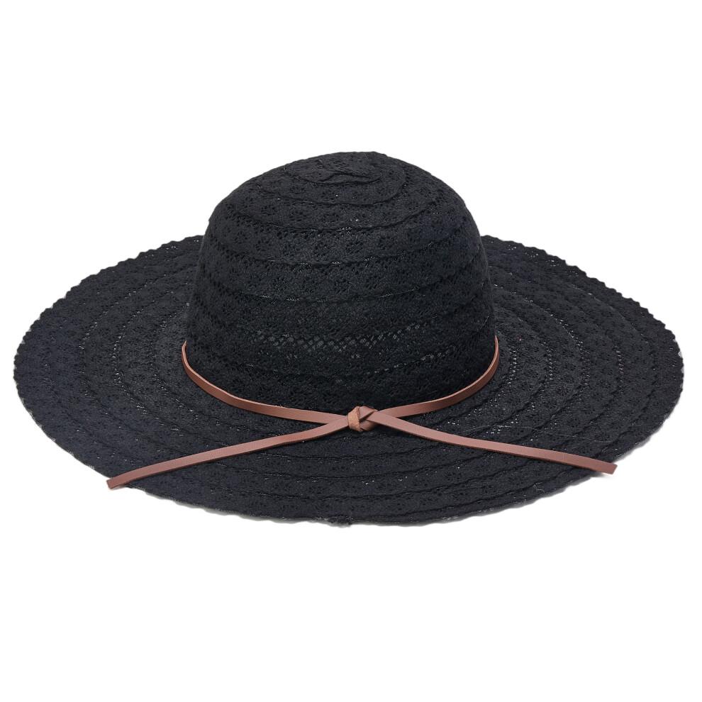 (Einheitsgröße, Schwarz) Damen Sommerstrohhut Eleganter Floppy-Hut mit breiter Krempe Strandkappe Leichter Spitzen-Sonnenhut