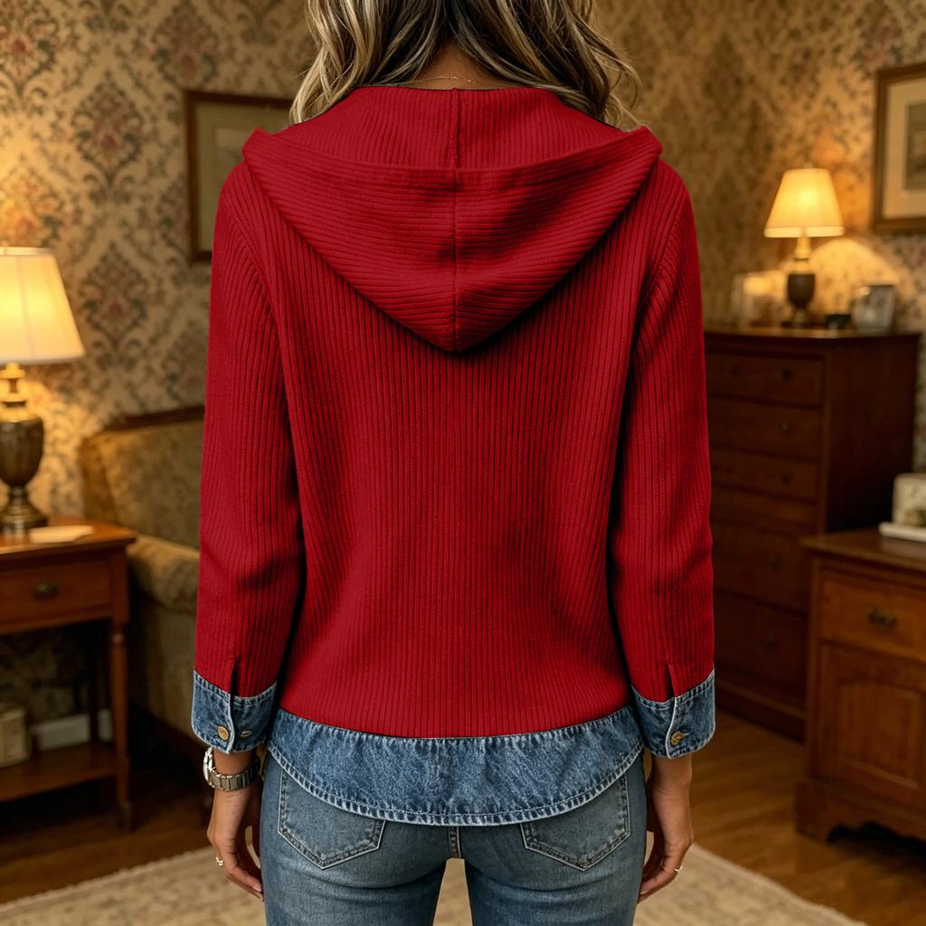 Women's Casual Denim Patchwork Hooded Knit Button Front Jacket