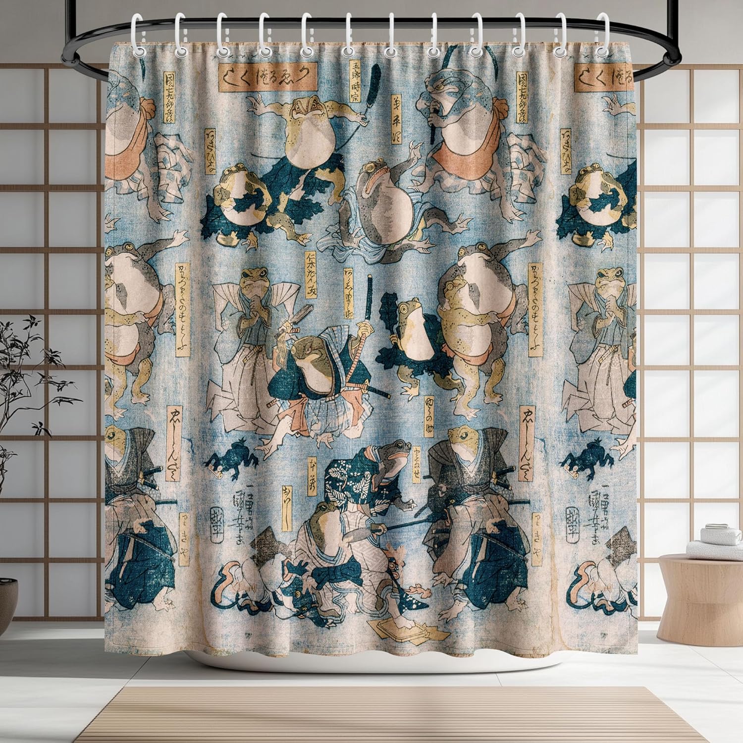 

Funny Samurai Frogs Shower Curtain with 12 Hooks,Vintage Japanese Folklore Bathroom Decor,Traditional Ukiyo-e Art Waterproof 90x180CM