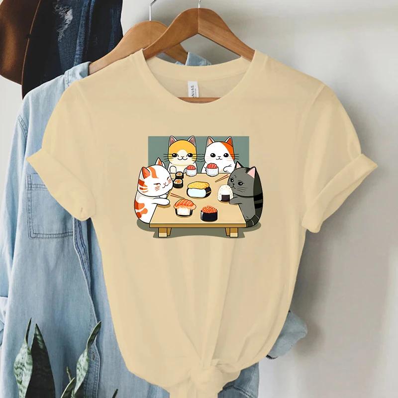 Cat Party Kawaii T Shirt Women Summer Tops Sushi Graphic T Shirts Casual Fashion Tee Shirt Trendy Korean Streetwear Y2k Tees