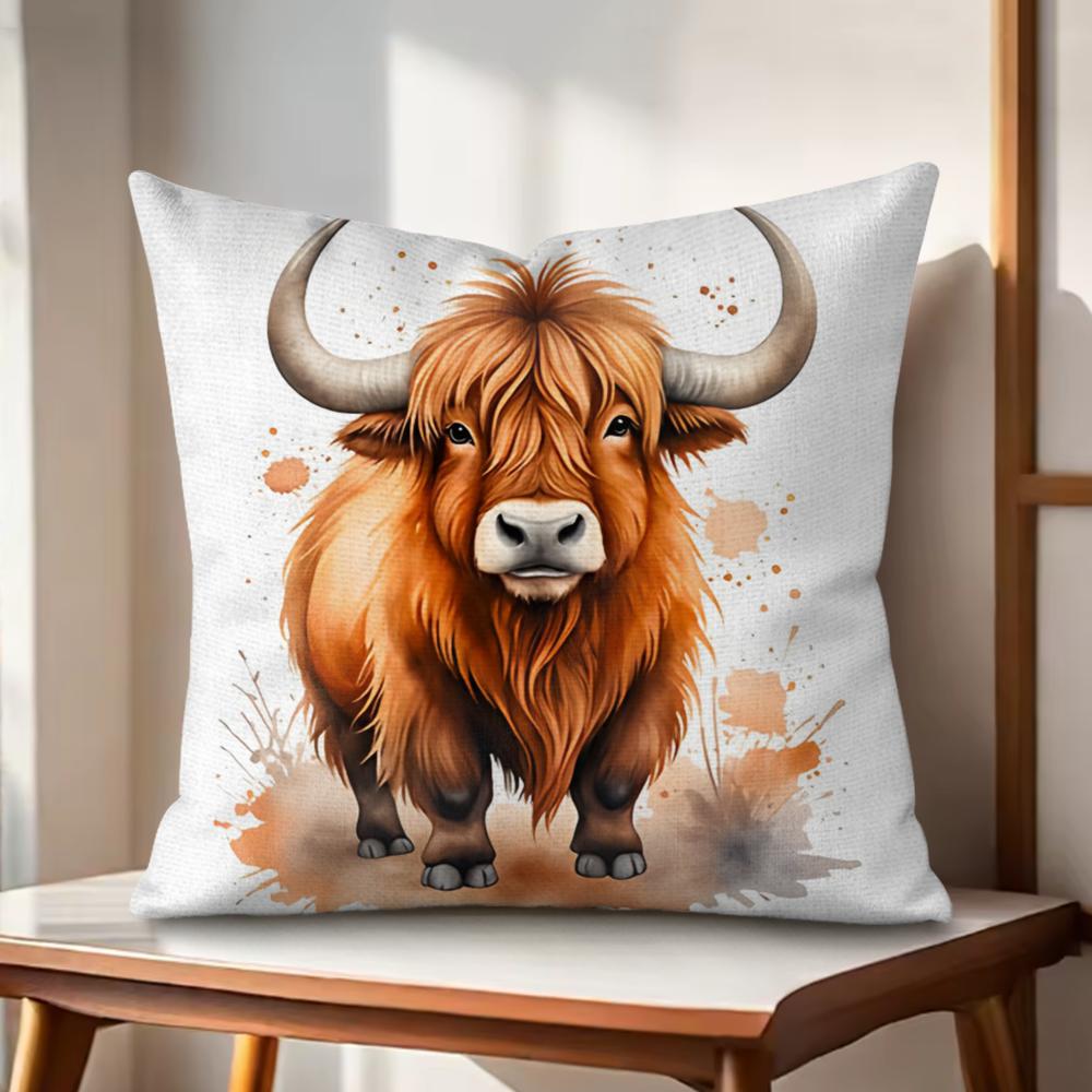 Highland cow  flower Cushion Cover Natural Linen Organic Fabric DoubleSided Printing Couch Pillow Covers Home Decor Gift